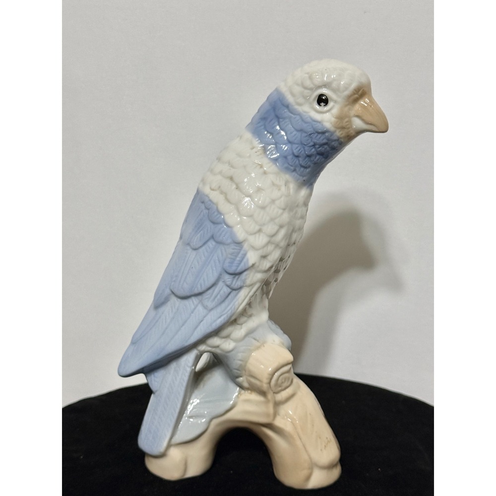 Vintage Ceramic Blue White Parakeet Budgie Bird Figurine on Branch 7.75" Tall